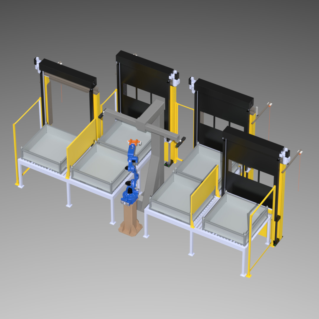 Forklift Conveyor bin picking cell with roll-up doors