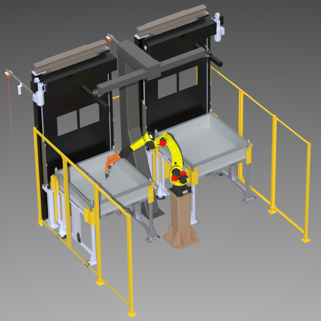 Forklift Stand bin picking cell with roll-up doors